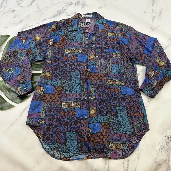 Punch Womens Vintage 90s Silk Oversize Shirt Size M Purple Blue Abstract Floral - Picture 1 of 11